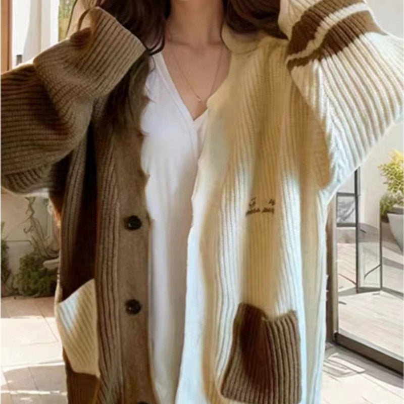 cold weather outfits Contrast Color Stitching Knitted Cardigan 2024 Autumn and Winter Korean Style Large Loose Lazy Style Sweater Coat