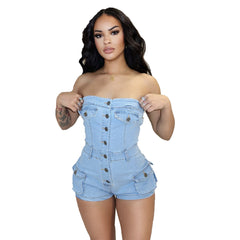 outfit inspo Summer New Denim Jumpsuit Tube Top Stretch Jumpsuit Shorts