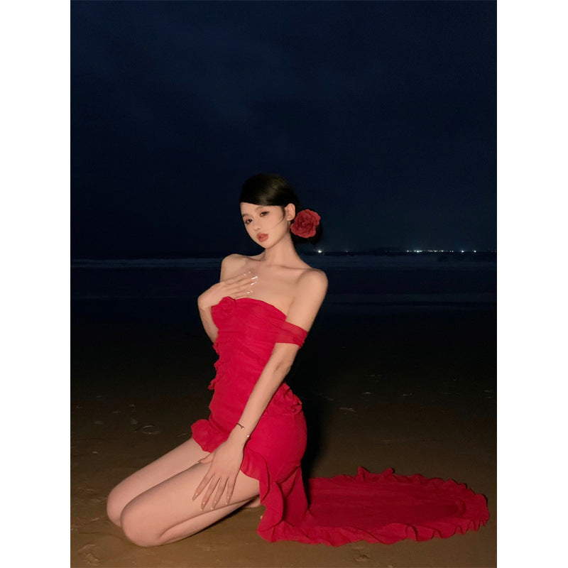 y2k outfits Sexy Hot Tube Top Flower Chiffon Dress Women's Trailing Slim-Fit Sexy Red Dress