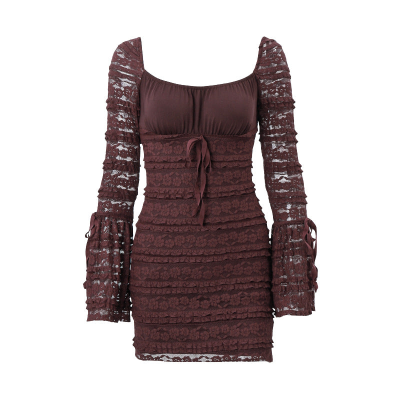 werewolves dress to impress Women's Autumn New Sexy Square Collar Low-Cut Bell Sleeve Slim-Fit Hip Skirt Cake Skirt for Women