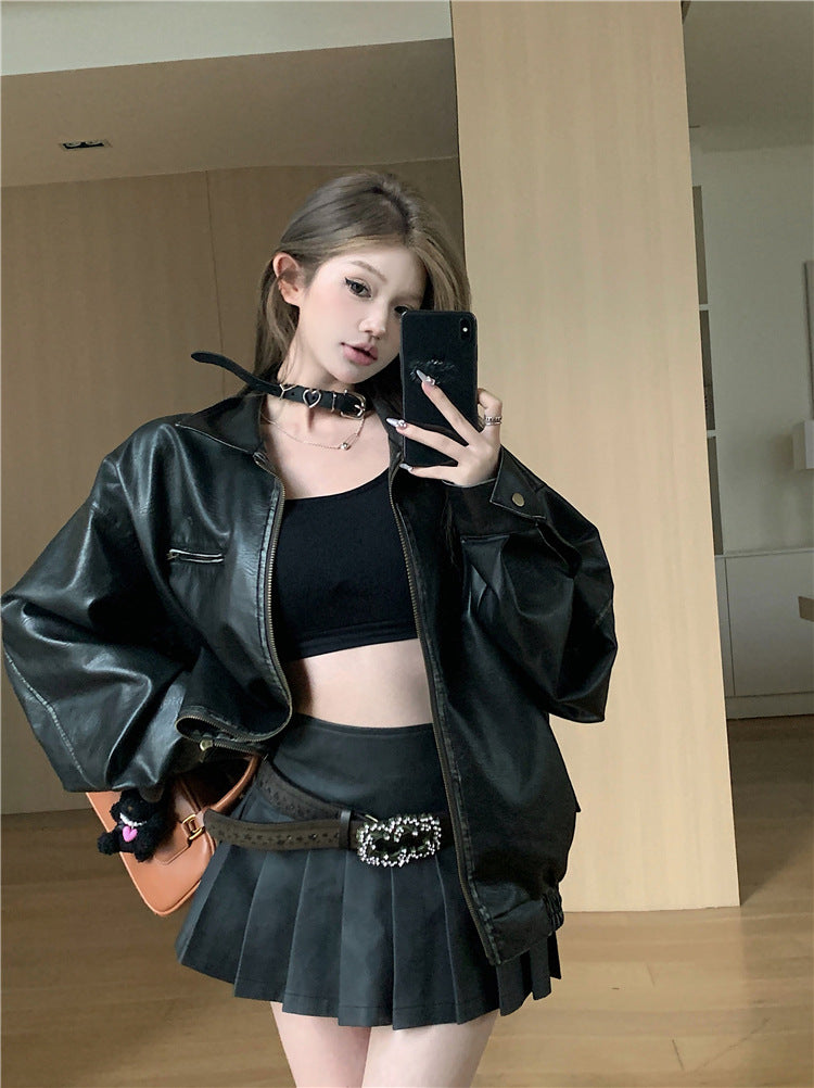 y2k outfits Retro Black Lapel Long-Sleeved PU Leather Coat for Women Autumn Cool Lady Suit Pleated Skirt Two-Piece Suit