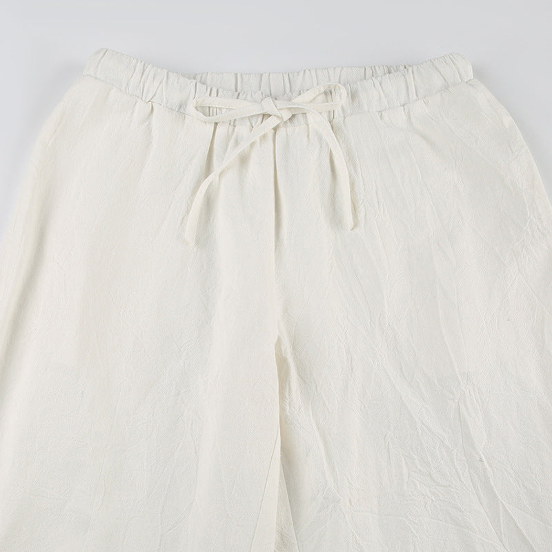 Bxoxo Cotton Linen White Pants Basic Drawstring Low Waist Wide Leg Pants Casual Y2K Clothes For Summer Trousers