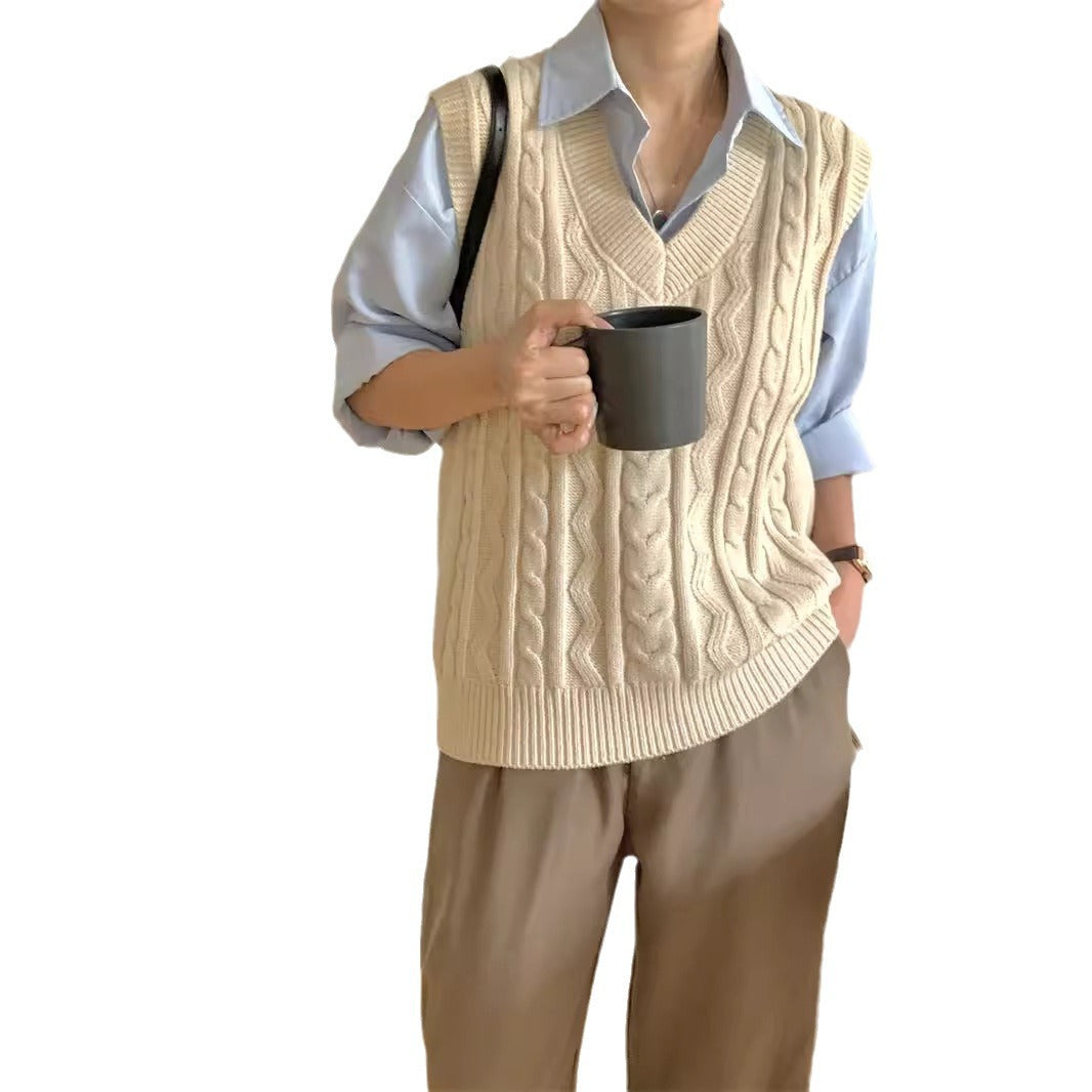 outfit inspo fall V-neck Twist Knitted Vest Overwear Outer Sweater Vest Sleeveless Women's Autumn and Winter High-Grade Temperament Top