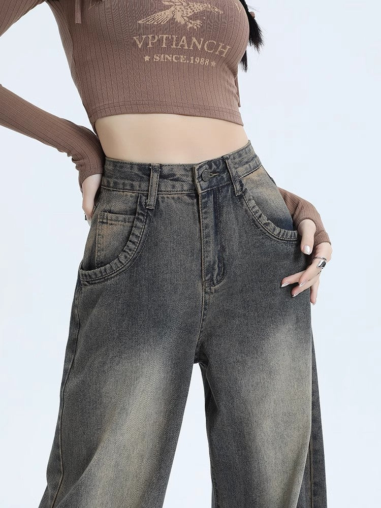 going out outfits Retro Washed Wide-Leg Jeans Women's Early Autumn New High Waist American Straight Lazy Loose Summer Mopping Pants