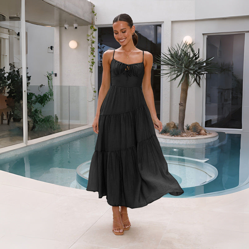 church outfit Women's Stitching Strap Long Backless Lace-up Large Swing Dress with Lining
