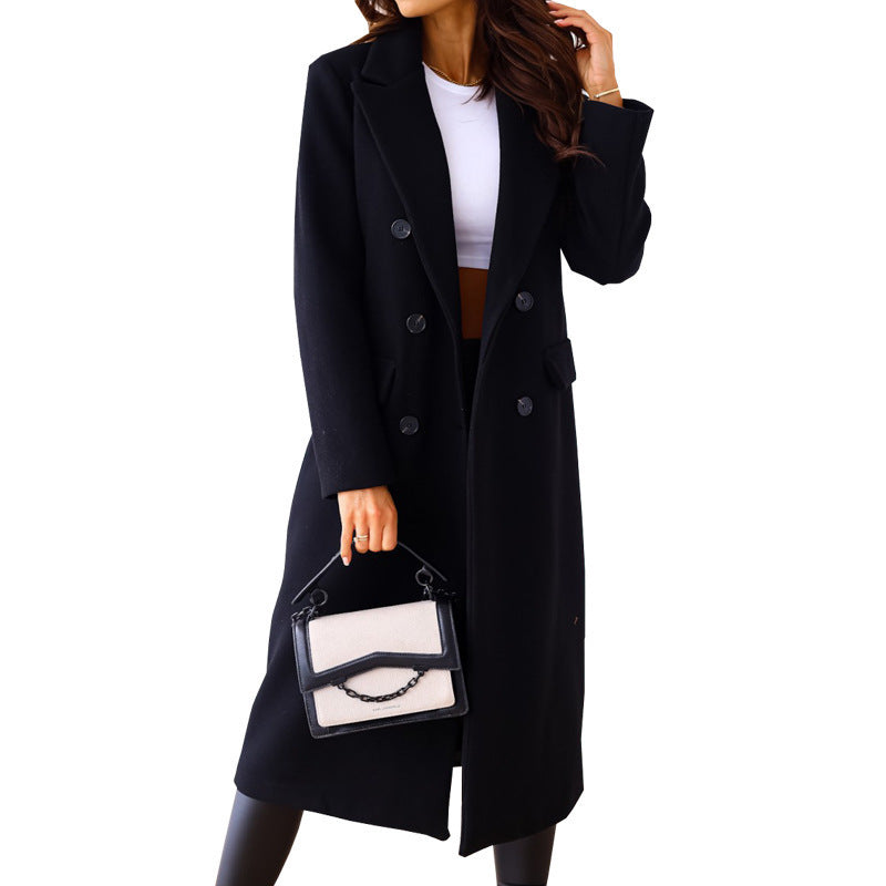 Autumn and Winter New Women's Simple Double-Breasted Long-Sleeved Lapel Button Woolen Coat