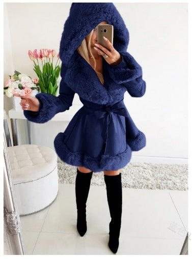 Women's Long-Sleeved Warm Solid Color Lace-up Belt Fur Stitching Ruffled Hooded Jacket