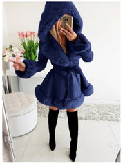 Women's Long-Sleeved Warm Solid Color Lace-up Belt Fur Stitching Ruffled Hooded Jacket