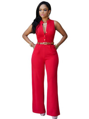 business casual Sexy Stand Collar Women's Jumpsuit Single-Breasted High Waist Hip Lifting Wide Leg Pants with Belt