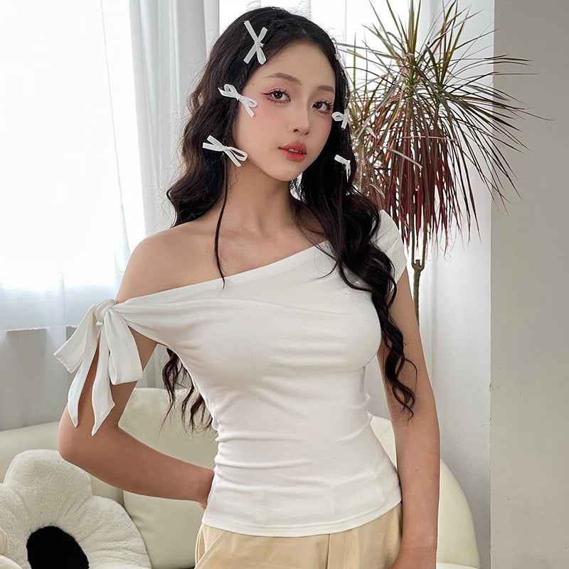 going out outfits Women's Clothing Summer Ins New Pleated One-Shoulder Backless Twisted Lace-up Asymmetric T-shirt Top