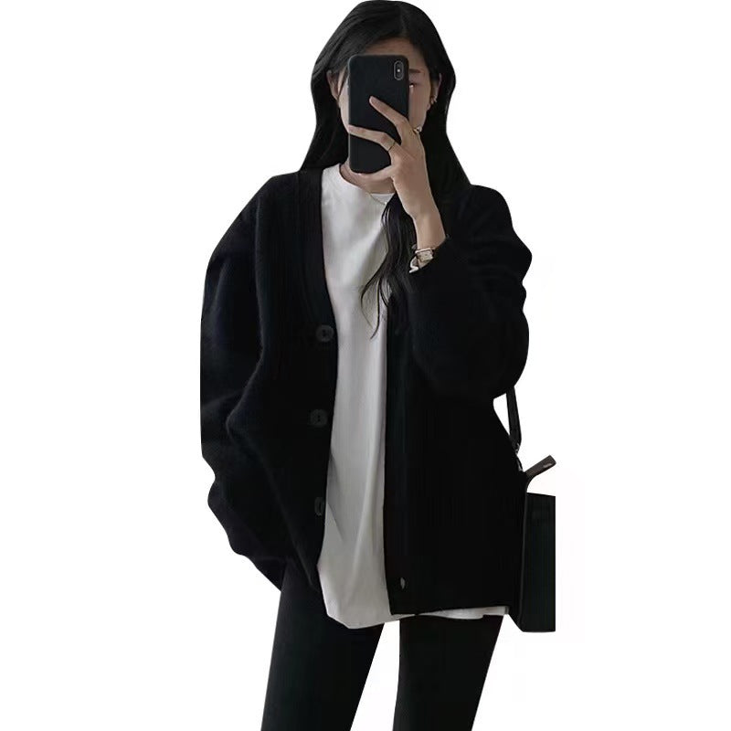 datenight fall outfits Korean Style Black Knitted Sweater Cardigan Coat Women's Gentle Lazy Style Autumn and Winter Soft Glutinous V-neck Top