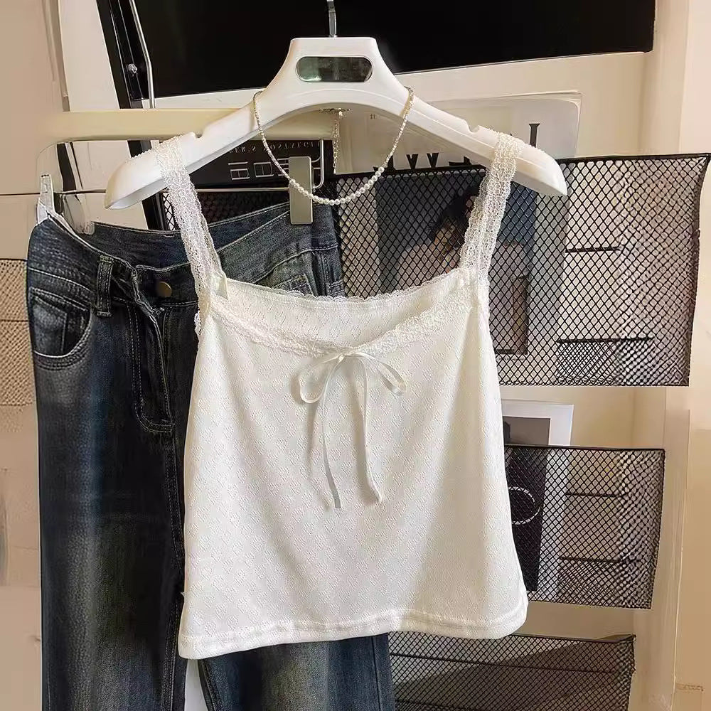 y2k outfits Lace Camisole Women's White Navel Top Women's Lace Bow Slim Summer Small Camisole