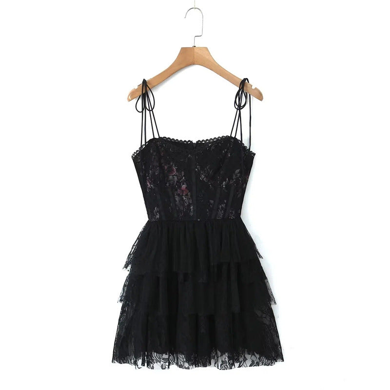 hoco dresses Heavy-Duty Lace Jacquard Mesh Printed Stitching Suspender Skirt Summer Slim Waist Layered Cake Skirt Dress Women
