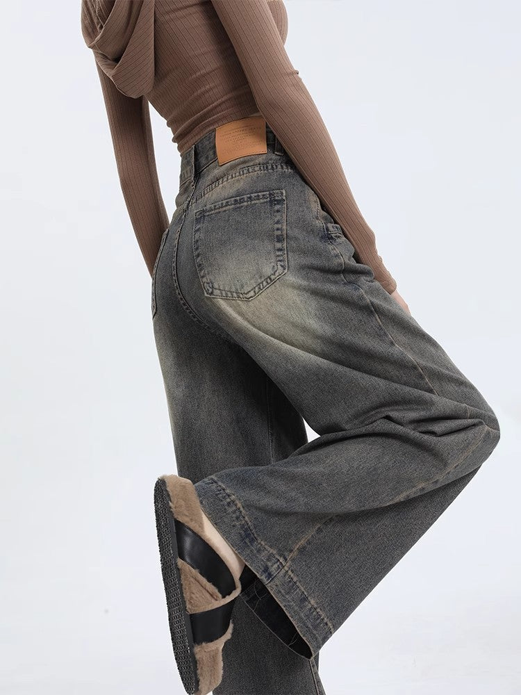 going out outfits Retro Washed Wide-Leg Jeans Women's Early Autumn New High Waist American Straight Lazy Loose Summer Mopping Pants