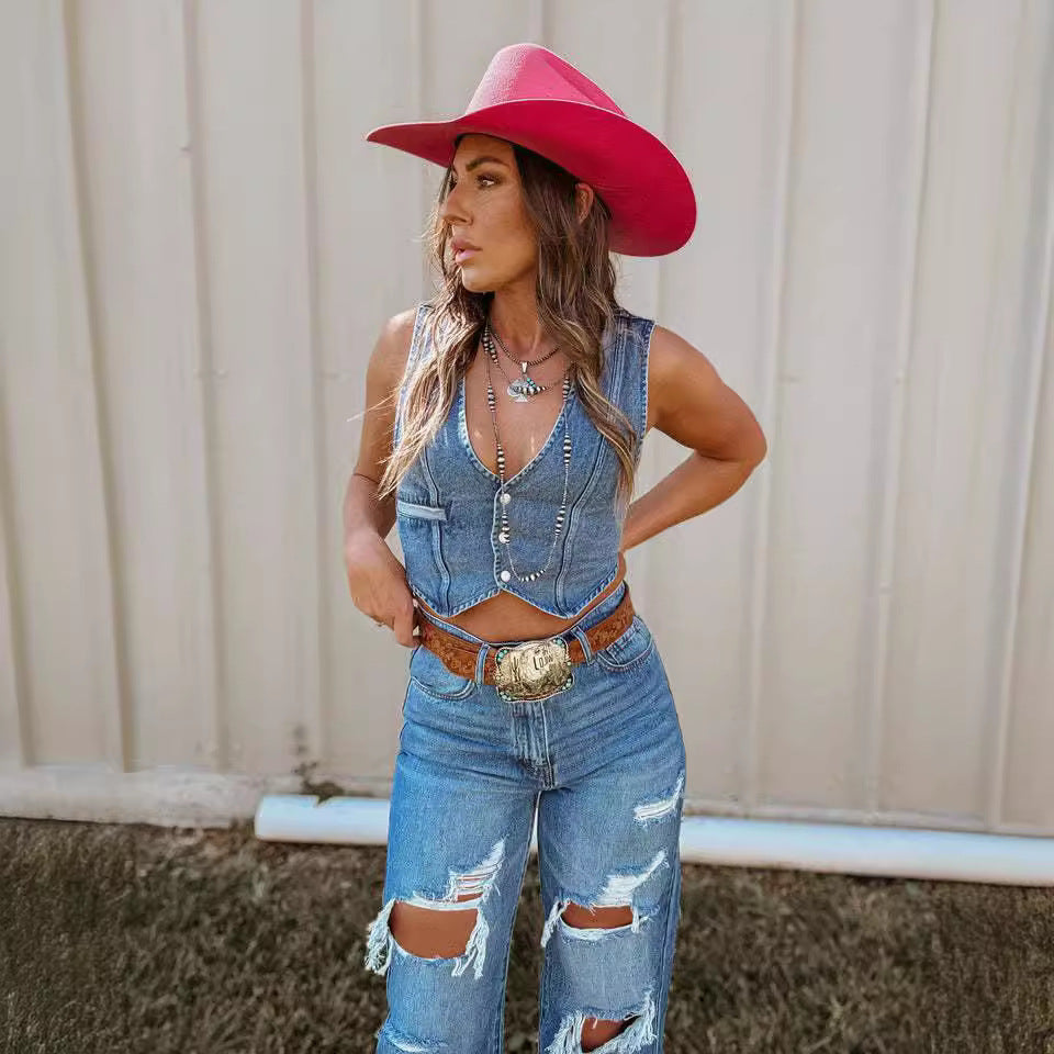 fall fashion 24-Year New Personalized Hot Girl Women's Sleeveless Single-Breasted V-neck Top Denim Vest