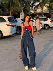 late summer outfits Summer and Autumn New American Retro High Waist Denim Suspender Pants Women's Wide Leg Loose Casual Straight Slimming Mop Pants