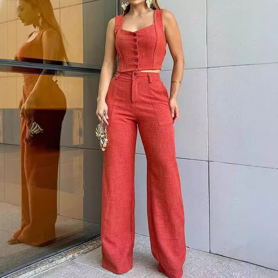 fall outfits aesthetic Women's Fashion Elegant Casual Sleeveless Button Solid Color Two-Piece Set