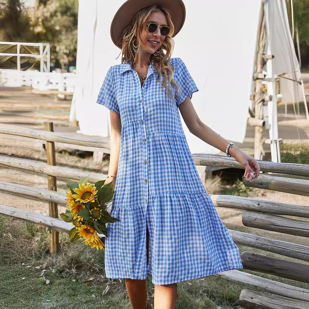 dorothy costume Summer New Women's Clothing Plaid Dress Shirt Collar Casual Skirt Manufacturer
