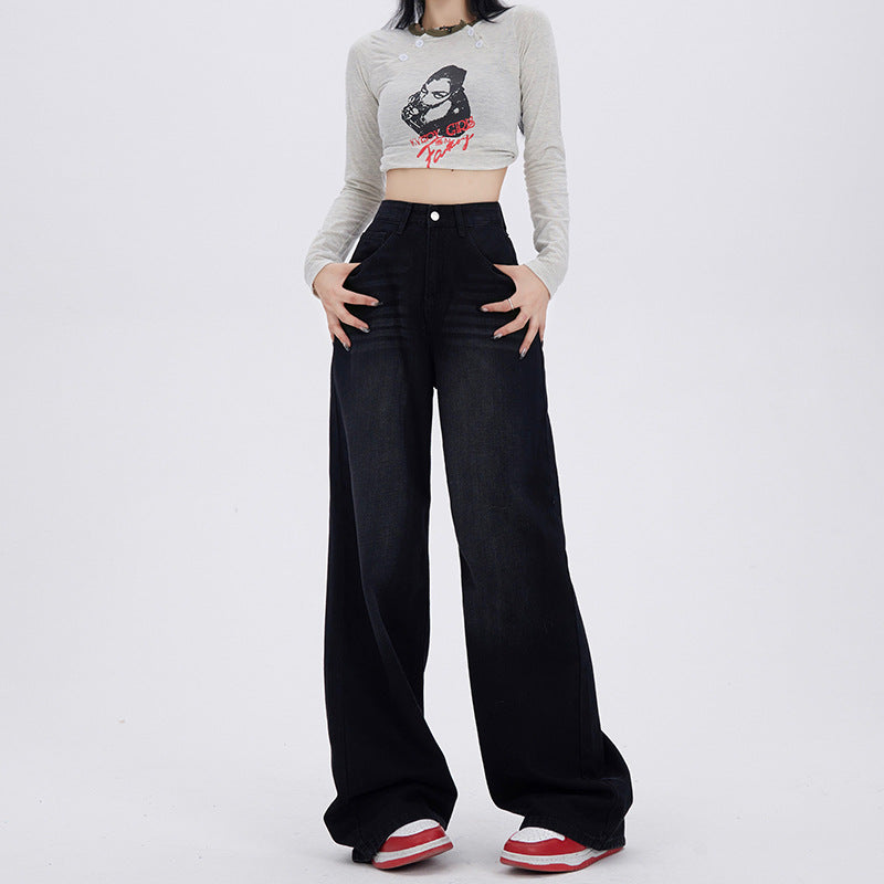 going out outfits Blue and Gray Wide-Leg Jeans for Women Spring and Autumn New High Waist Straight Loose Mop Pants American Retro