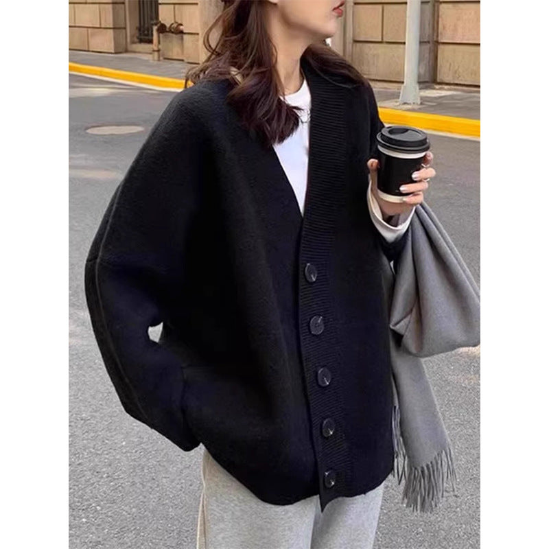 datenight fall outfits Black V-neck Knitted Cardigan for Women Autumn and Winter Outer Wear Fashionable Western Style Top Loose Lazy Style Mid-Length Women