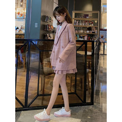 tyler the creator outfits Pink Plaid Suit Jacket for Women Spring and Autumn Western Style Loose Small Suit + Pleated Skirt Fashion Two-Piece Suit