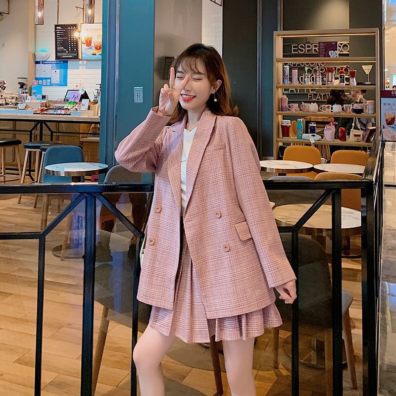 tyler the creator outfits Pink Plaid Suit Jacket for Women Spring and Autumn Western Style Loose Small Suit + Pleated Skirt Fashion Two-Piece Suit