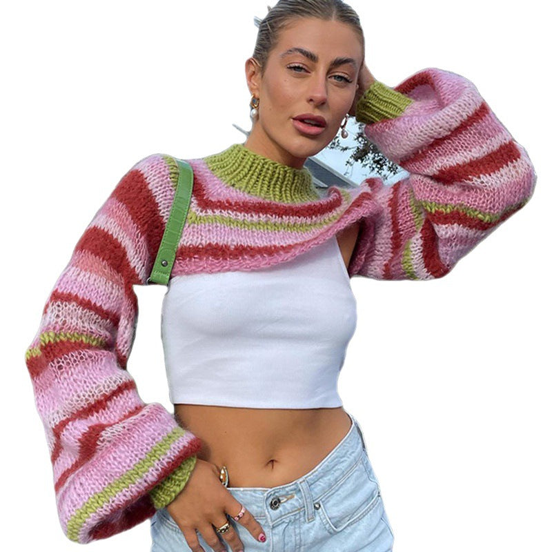 trio halloween costumes Women's Autumn and Winter New Color Striped Top Blouse Temperament Short Long Sleeve Sweater
