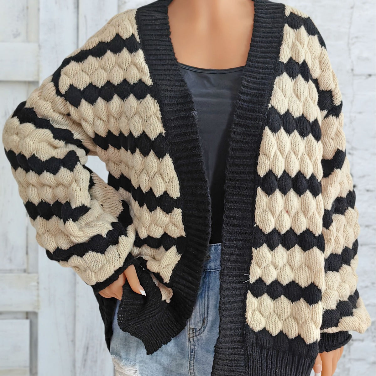 sambas outfits Women's Sweater Coat Women's Pineapple Three-Dimensional Contrast Color Stitching Striped Sweater Cardigan