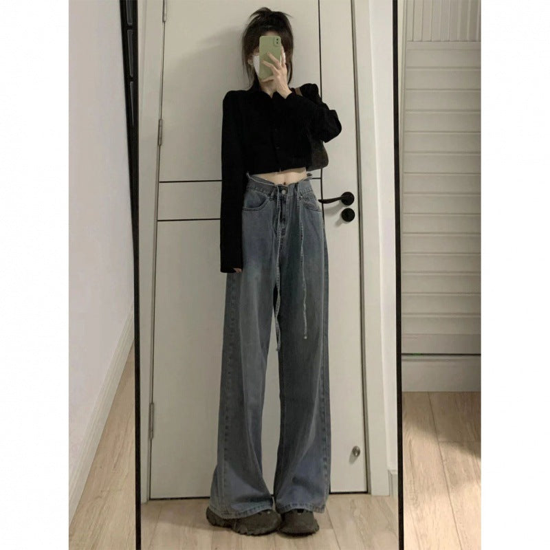 joker costume female outfit American Retro Straight Jeans Women's Spring High Waist Lace-up Wide Leg Draping Mop Pants