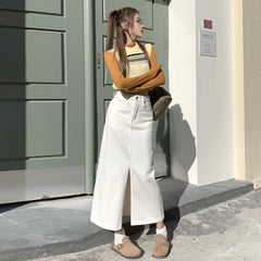 outfit Creamy-white Front Slit Denim Skirt Women's Early Spring High Waist Loose A- line Mid-Length Hip Skirt
