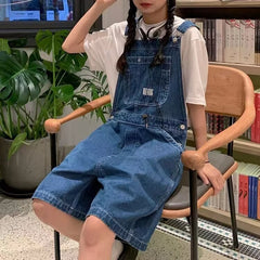 Loose Blue Denim Suspender Pants Women's Spring Girlfriends Wear Wide Leg Shorts Slimming Age-Reducing One-Piece Pants