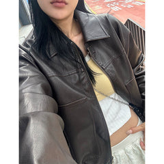 masc outfits Retro Front Pocket Leather Coat for Women 2024 Autumn New Lapel Loose Wash Faded Craft All-Matching Coat