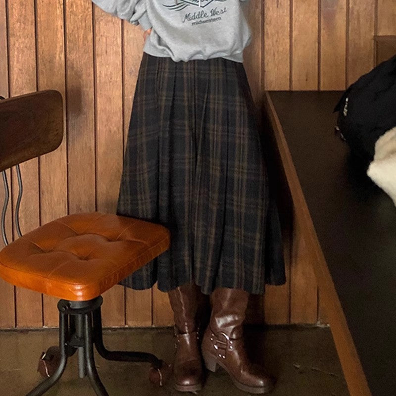 fashion outfits Chic Autumn and Winter Retro High Waist Slimming Contrast Color Plaid Design A- line Woolen Skirt