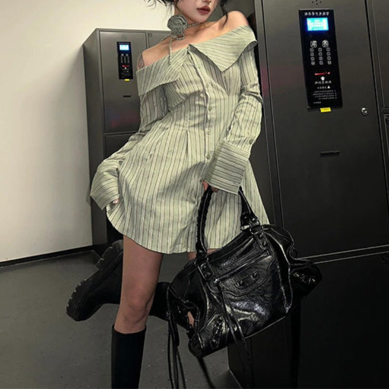 BXOXO Striped Off Shoulder Lapel Neck Long Sleeve Blouse
