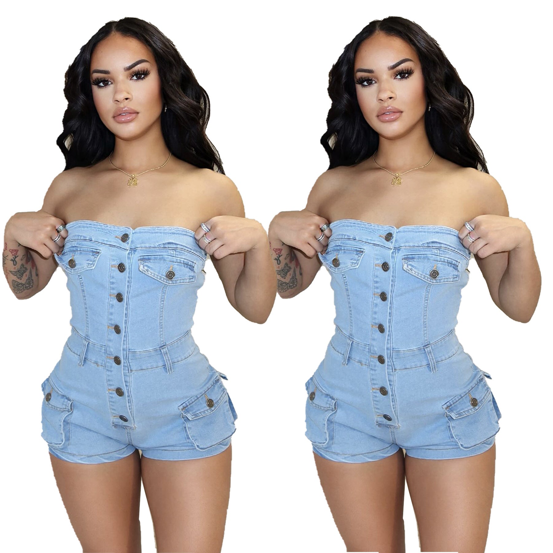 outfit inspo Summer New Denim Jumpsuit Tube Top Stretch Jumpsuit Shorts