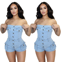 outfit inspo Summer New Denim Jumpsuit Tube Top Stretch Jumpsuit Shorts