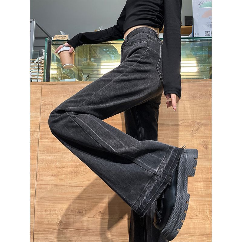 going out outfits Non-Stick Leg Retro Frayed Micro Flared Jeans Women's Spring and Autumn High Waist Loose Slimming Small plus Size Mop Pants