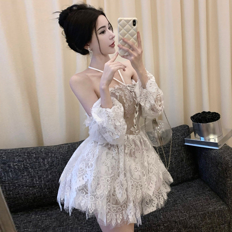 dress to impress Autumn Sexy Halter Long Sleeve Waist Lace Cake Dress