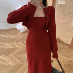 korean fashion Korean Style Chanel Style Knitted Cardigan Sweater for Women 2024 Autumn and Winter New Elegant Strap Dress Two-Piece Suit