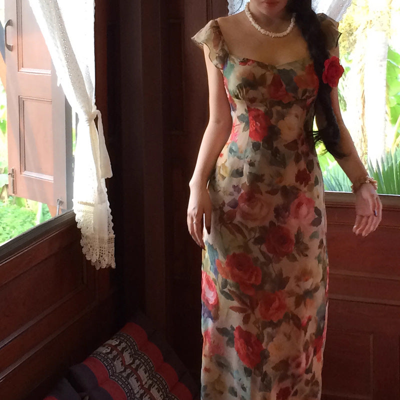 90s fashion 2024 New Spring and Summer Bright Flower Women's French Retro Waist-Tight Dress Long