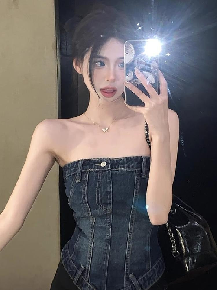 outfit Hot Girl Style Sexy Slim Fit Slimming Denim Tube Top High Waist A- line Pleated Skirt Women's Spring Two-Piece Set