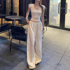 first day of school outfit summer Old Qian Style Tube Top Mop Pants Suit Cotton Linen Wide Leg Pants Casual Pants Women's Summer Design Sense Niche 2-Piece Suit