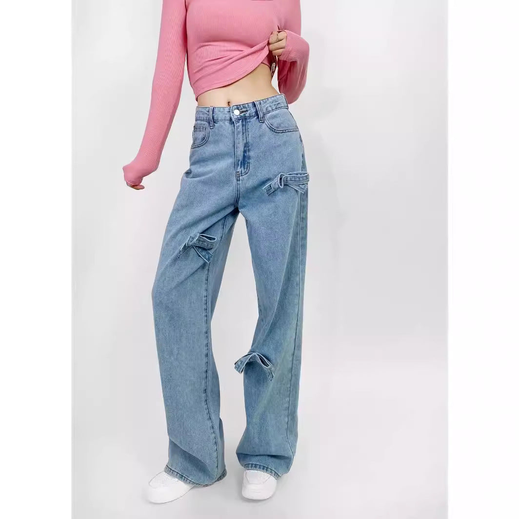 y2k outfits Bow Straight Jeans Loose Comfortable Slimming Personality Trendy Trousers