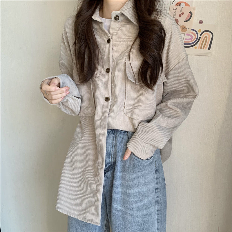 fall outfits aesthetic Early Spring Loose Mid-Length Shirt Retro Hong Kong Style Long Sleeve Corduroy Coat Women's Clothing Design Sense Niche Shirt