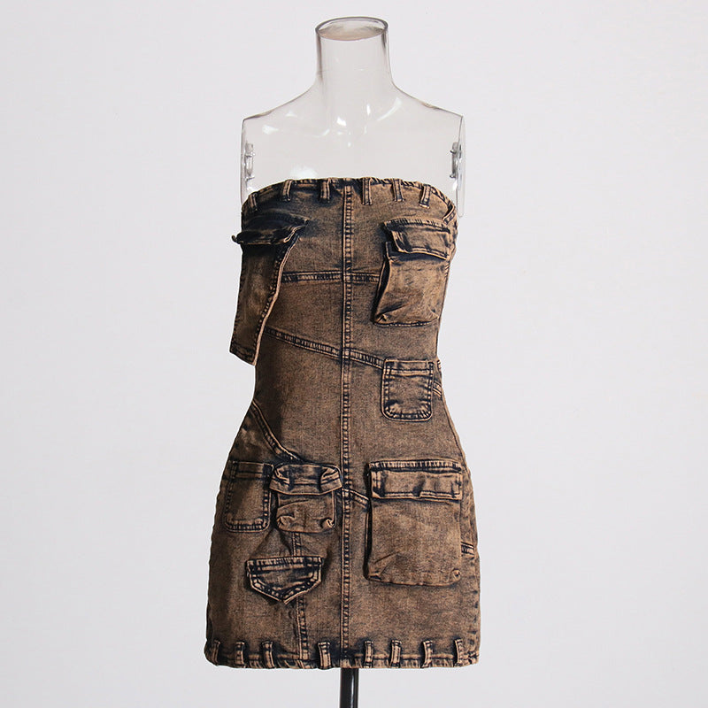 outfit inspo Personalized Street Denim Hip Skirt Spring New Solid Color Stitching Multi-Pocket Tube Top High Waist Dress Women