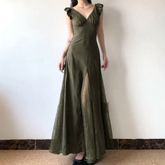 prom dresses Mori Vintage Lace Stitching See-through V-neck Dress Summer American Fashion Small Flying Sleeve Dress