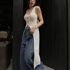 dress to impress outfits Summer Sexy Low-Cut U-Neck Breasted Hollow-out Slim Mid-Length Sling Dress Women