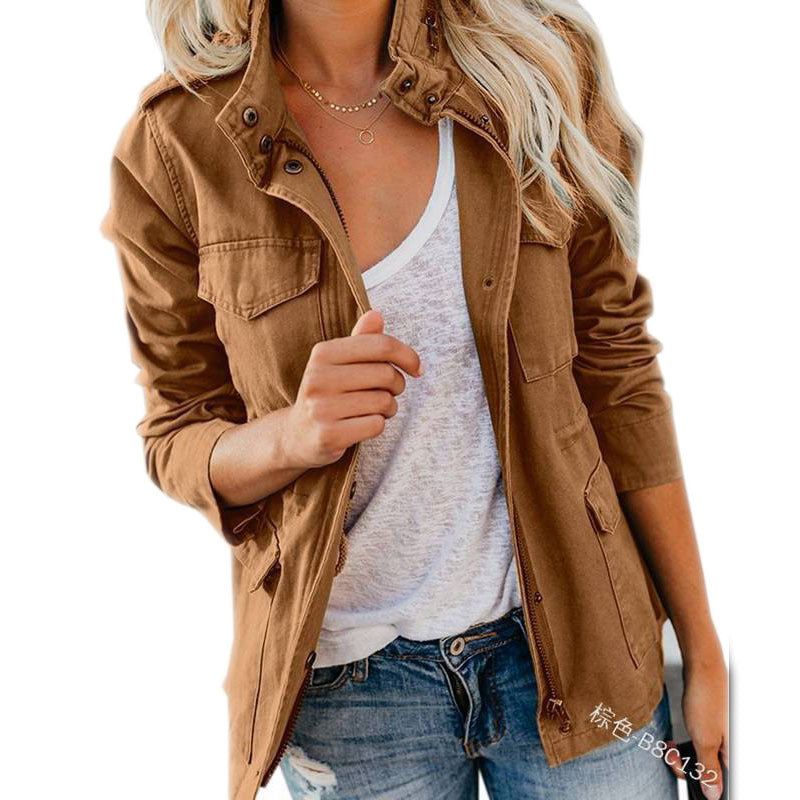 masculine men Outside Spring and Autumn Slim Fashion Hipster Solid Color Loose Zipper Multi-Pocket Jacket Women's Coat