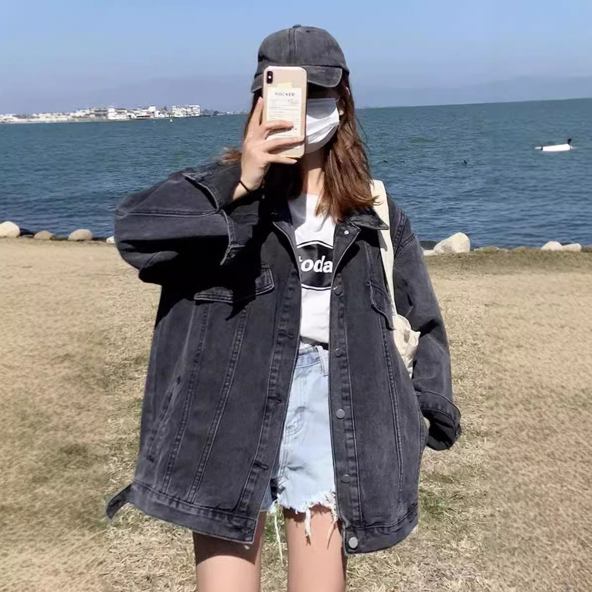 joker costume female outfit Spring and Autumn Black Denim Jacket Top Women's Autumn Trendy Loose Korean Style Hong Kong Style Casual Fried Street Jacket