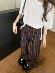 dream clothes Retro Red Plaid Casual Pants Women's High Waist Drawstring Straight Pants Autumn Loose Wide Leg Pants Mopping Pants